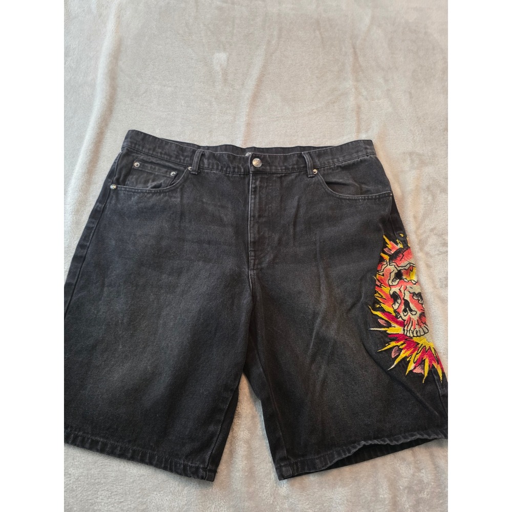 Ed Hardy Denim Shorts Mens Size 38 Black Skull Flame Embroidery Y2K Streetwear